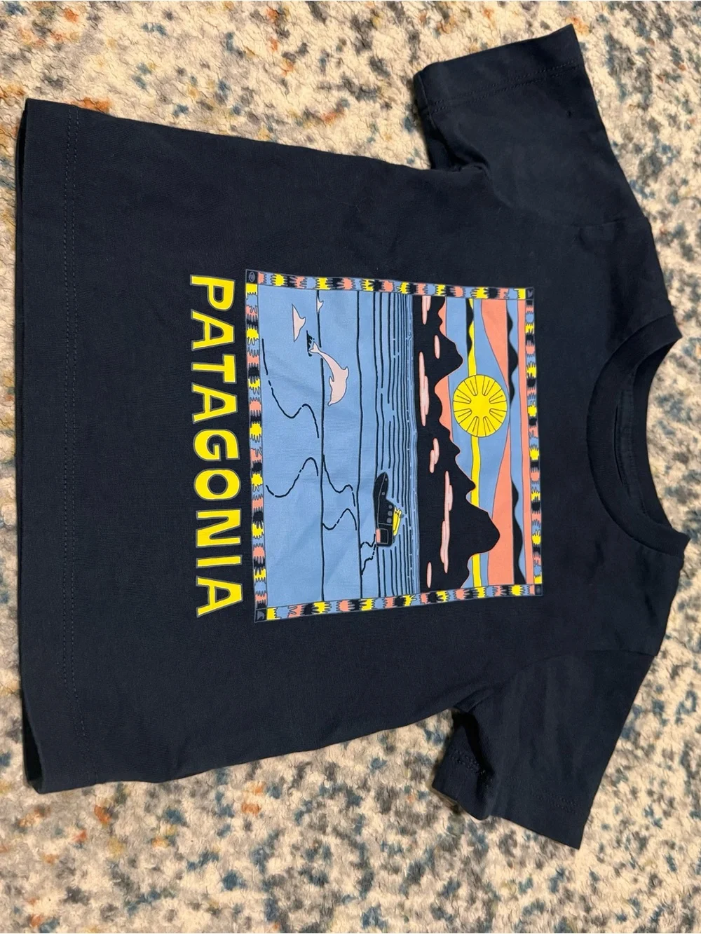 Patagonia Navy Short-Sleeve Tee with Sunset Ocean Graphic